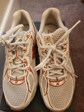 New Balance Women's Beige Mesh Athletic Sneakers with Orange Trim